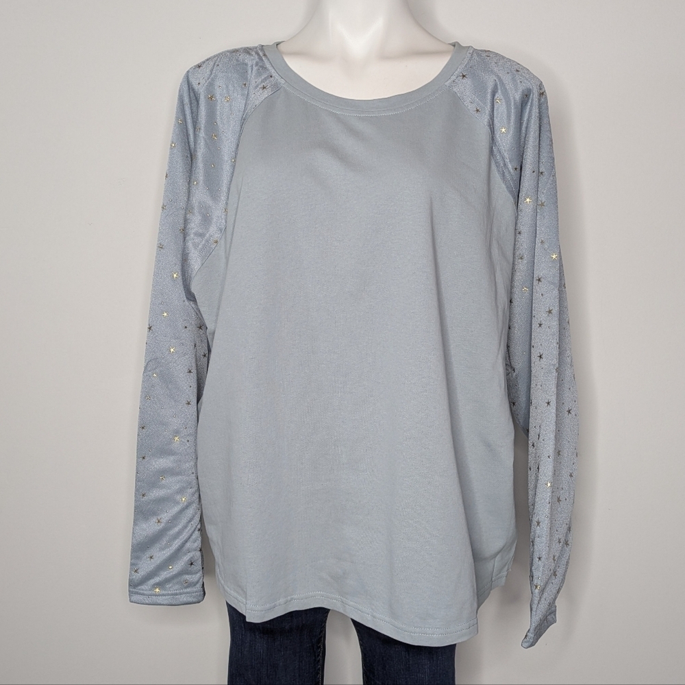 Umgee Blue Gold Star Long Sleeve Pullover Knit Sweatshirt Top 1XL